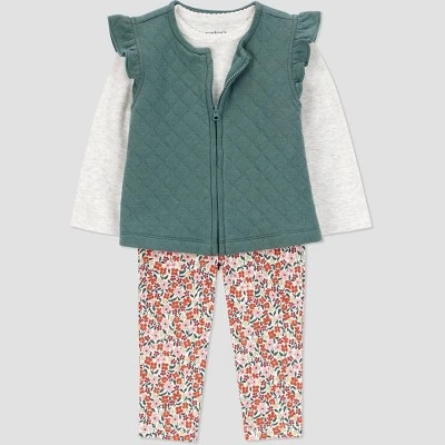 Carter's Just One You® Baby Girls' 3pc Vest With Floral Leggings Set - Green 3 Carter's Just One You® Baby Girls' 3pc Vest With Floral Leggings Set - Green