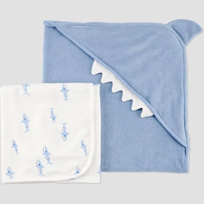 Carter's Just One You®️ Baby 2pk Shark Towel - Blue: Cotton Polyester Hooded Towels, Animal Theme, 29"x29" 6 Carter's Just One You®️ Baby 2pk Shark Towel - Blue: Cotton Polyester Hooded Towels, Animal Theme, 29"x29" - Image 4